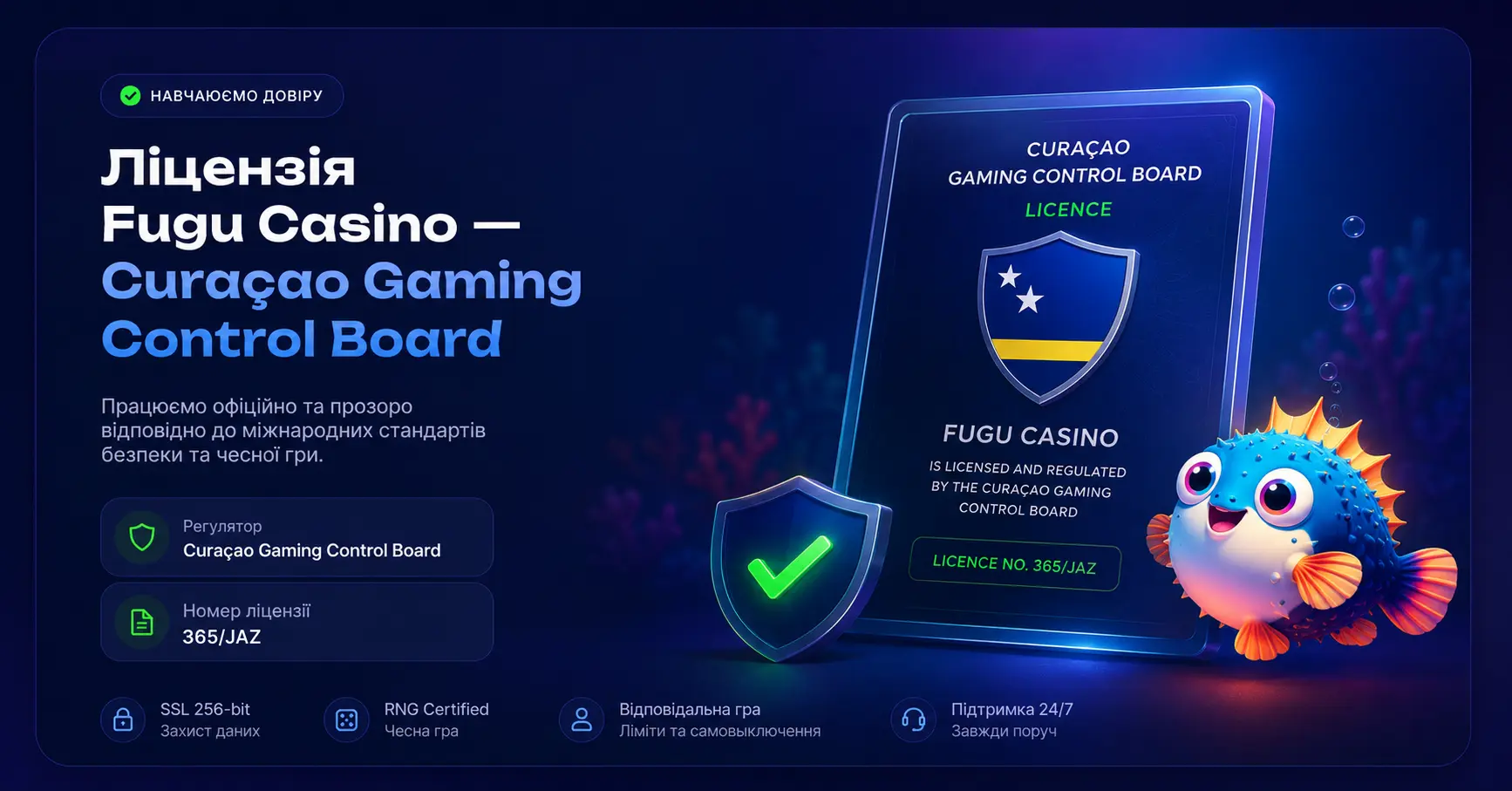 Ліцензія Fugu Casino — Curaçao Gaming Control Board, номер 365/JAZ
